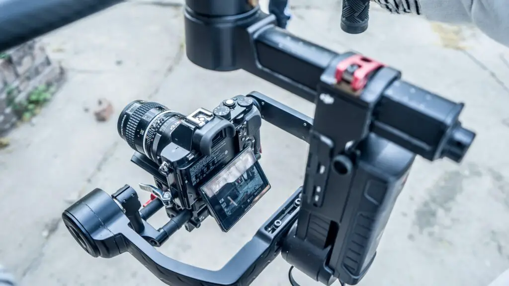 A close up shot of camera stabilizer being used