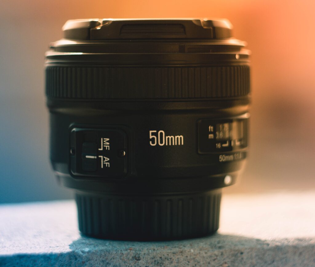 A 50mm camera lens on display