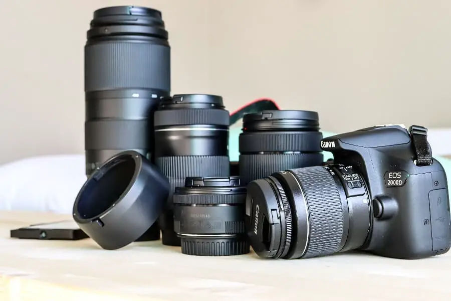Canon DSLR with various types of lenses