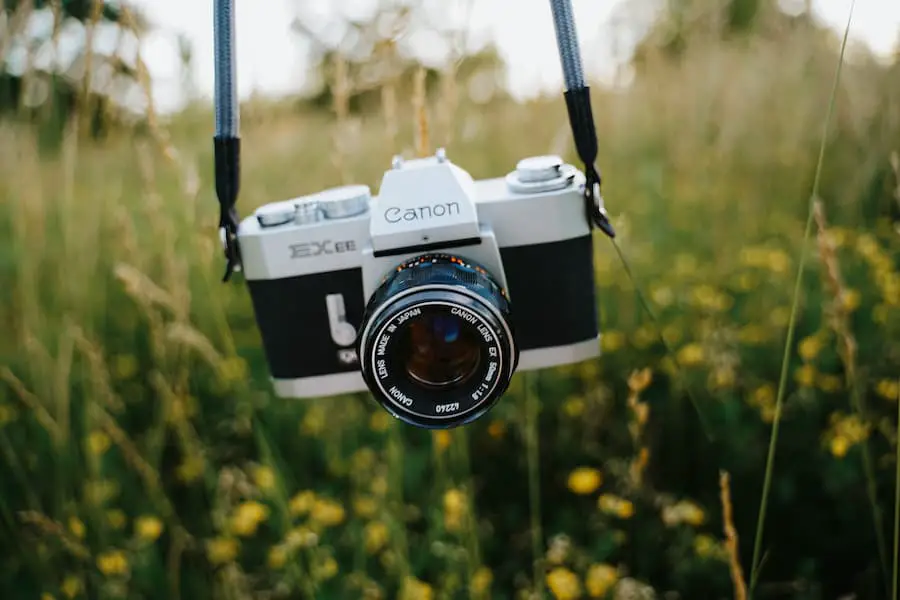 Canon camera on grass background