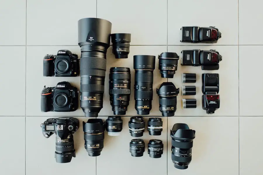 Nikon DSLR cameras with set of telephoto lenses