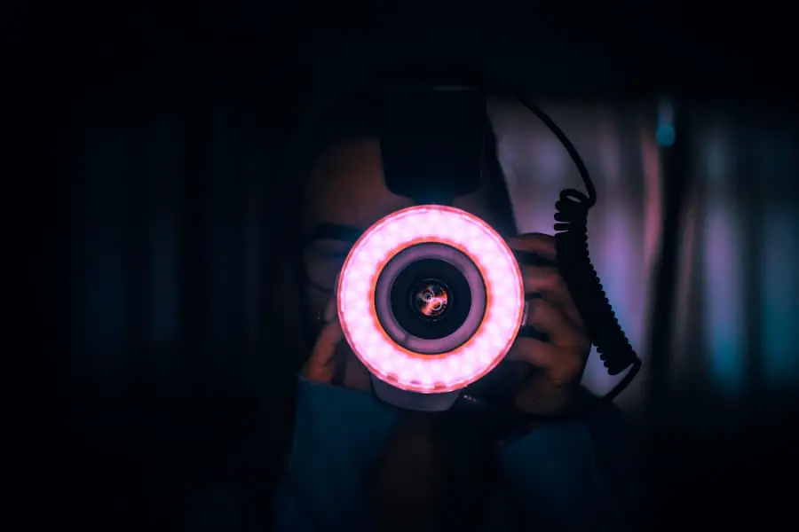 Girl taking a shot at night with camera flash
